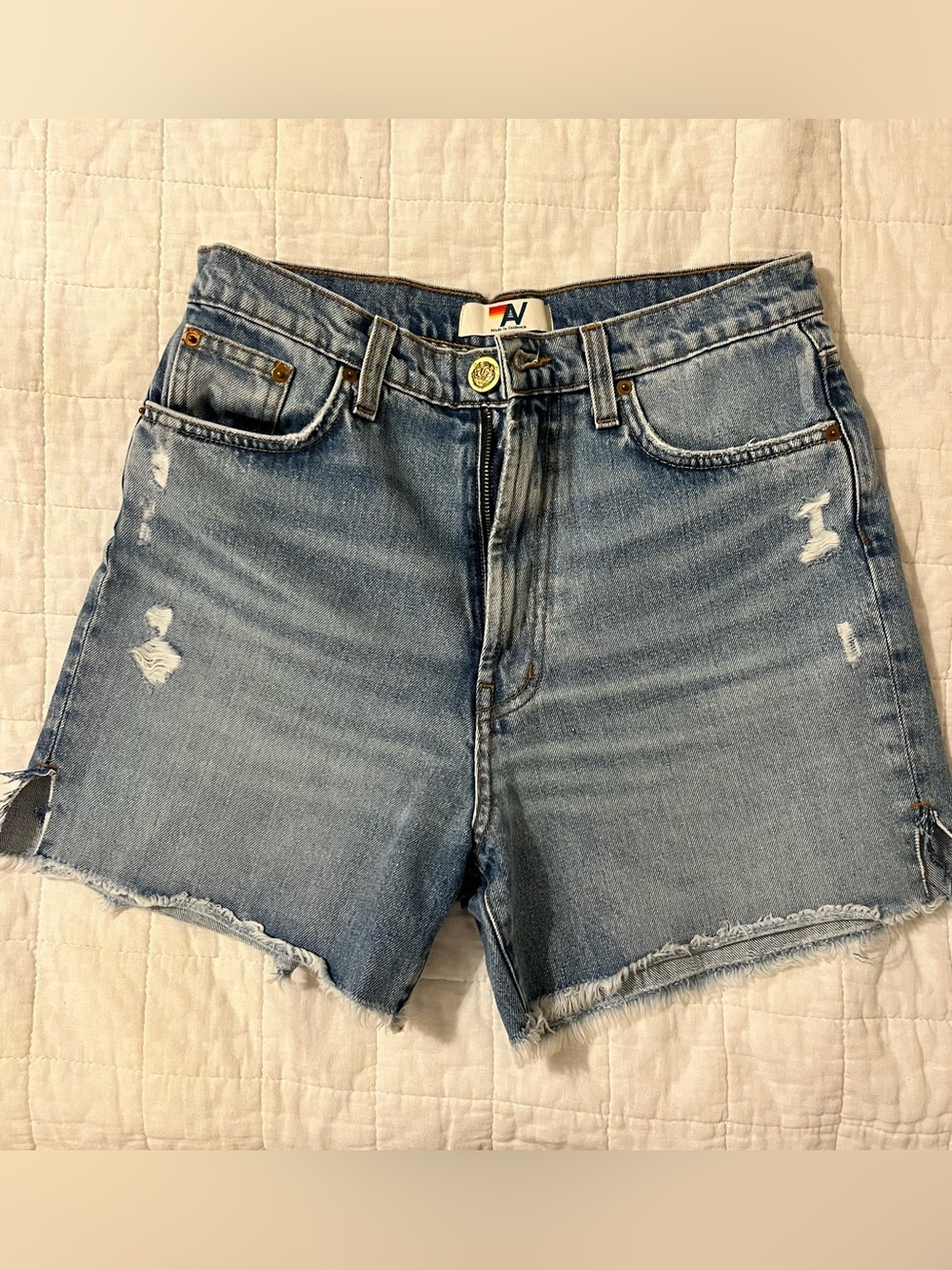 Aviator Nation Light Blue Denim Shorts with Rainbow Patch - Picture 4 of 6